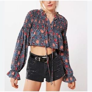 Ghospell Raindrop Floral Balloon Sleeve Smocked‎ Crop Blouse Small Long Sleeve